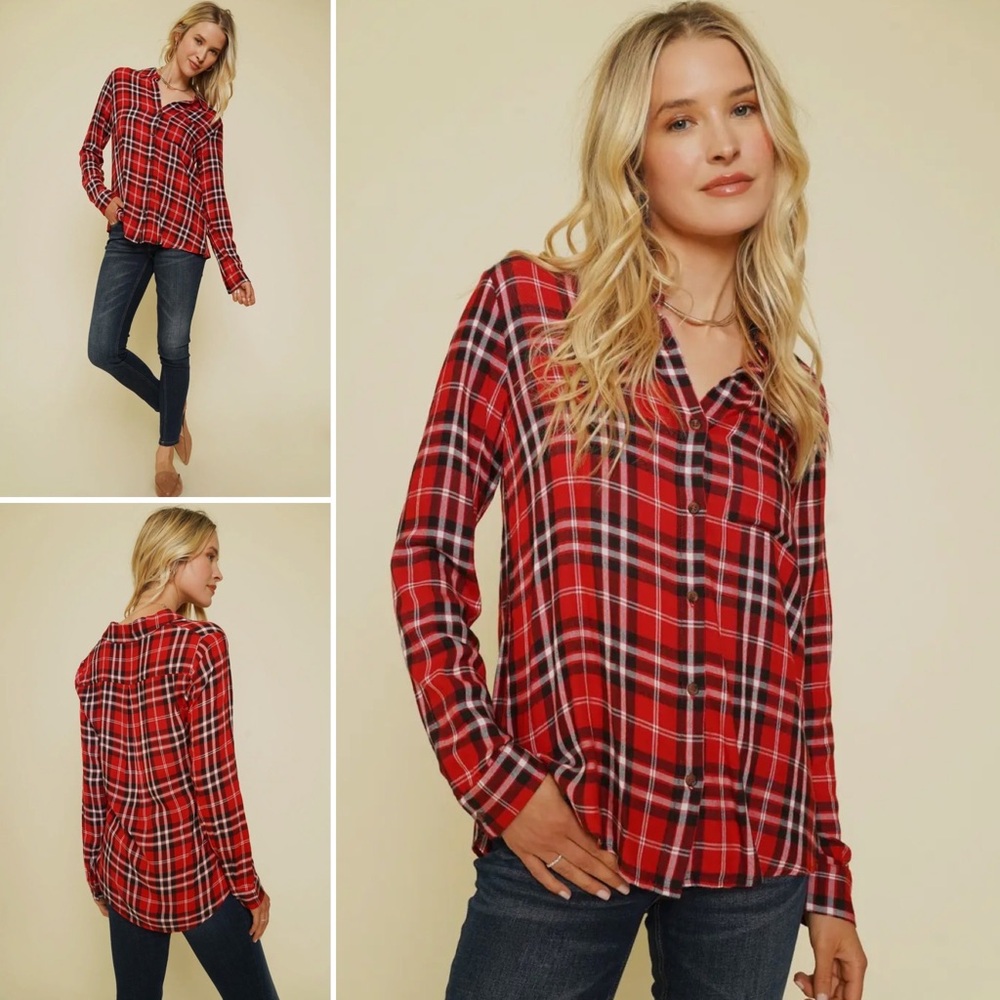 374. Plaid Red Button Down Rayon Shirt S, M & L NEW Item NWT